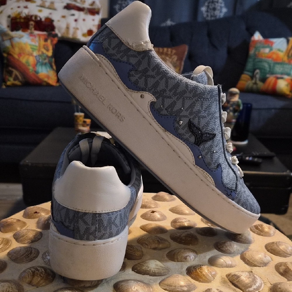 Michael Kors Denim Blue and White Logo Sneakers W/Ocean Side - Size 8/-Used Cond